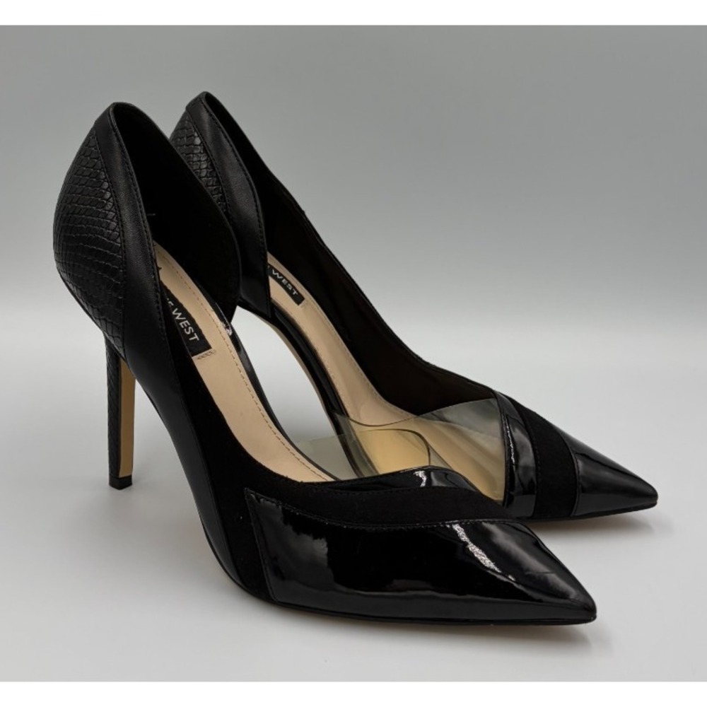 Nine West Trivs Womens 8.5 M Black Pointed Toe Stiletto Pumps Clear Croc Heels